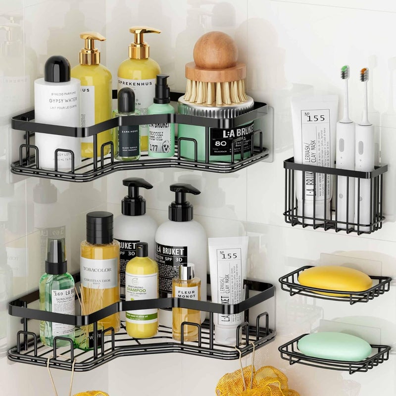 MAXIFFE 5 Pack X-Large Corner Shower Caddy, with Soap Holder and Toothbrush Holder, Large Capacity No Drilling Stainless Steel Hold 40 LB Shower Organizer Shelf Rack for Family Renter Bathroom, Black - Image 1